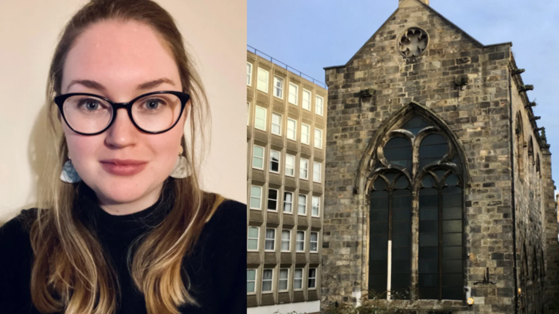 Photo of woman wearing glasses and old stone church next to industrial flats