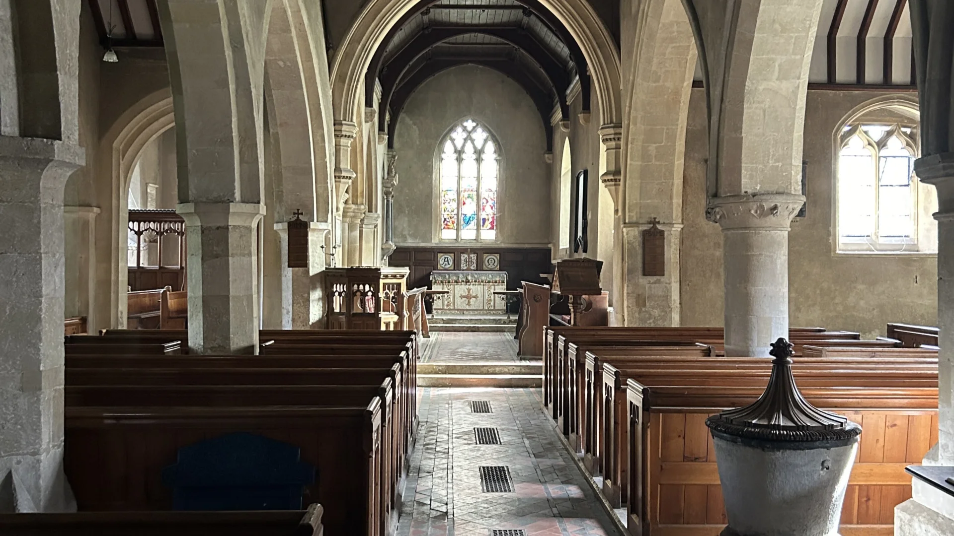 All Saints Church, Shirburn interior from the rear of the nave looking at the chancel