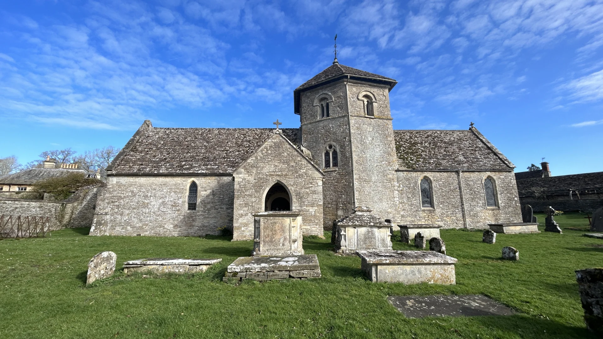 Exterior of the Church of St Nicholas of Myra on a blue sky day.