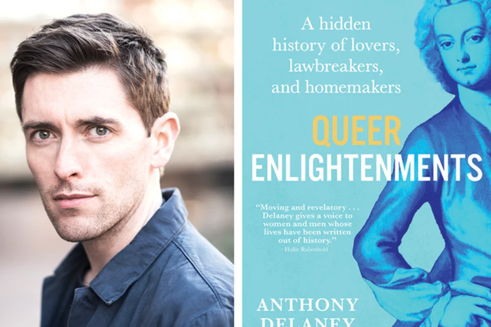 Man in navy shirt, right: book "Queer Enlightenments: a hidden history of lovers, lawbreakers, and homemakers"