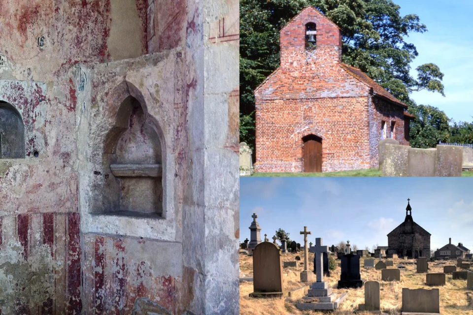 Three churches including one interior, one red brick and one churchyard