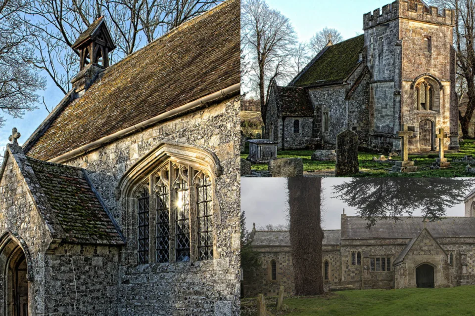 Three stone churches made of uneven grey stone