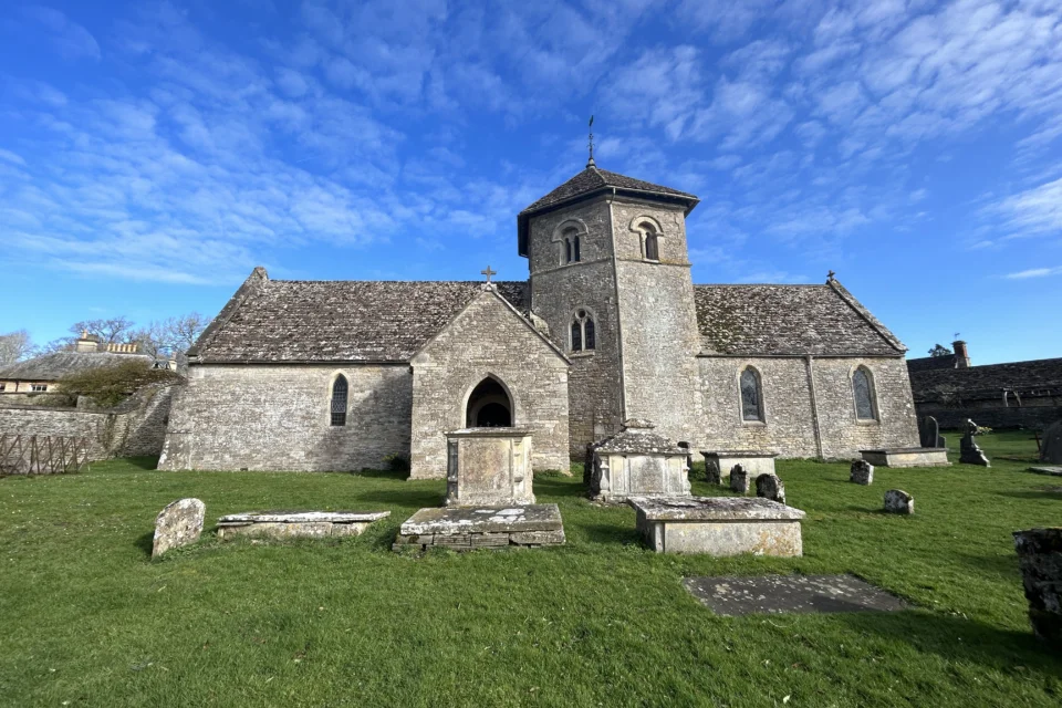 Exterior of the Church of St Nicholas of Myra on a blue sky day.