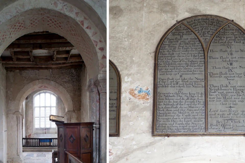 Photo depicting pulpit and memorial board in Duxford St John's
