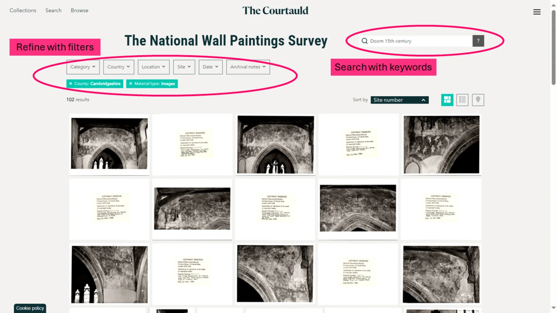 Users can also explore the archive through a ‘search’ page using terms of their choice, refining  their ‘finds’ using pr