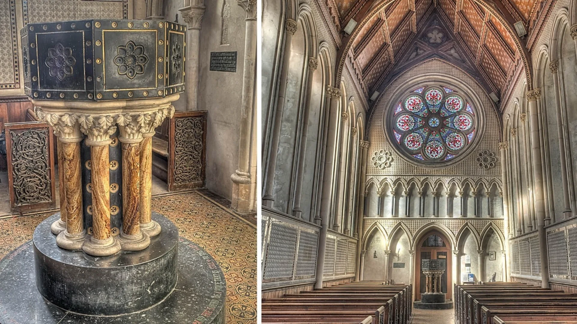 Interior features of St Mary's Church in Itchen Stoke, highlighting font and west wall.