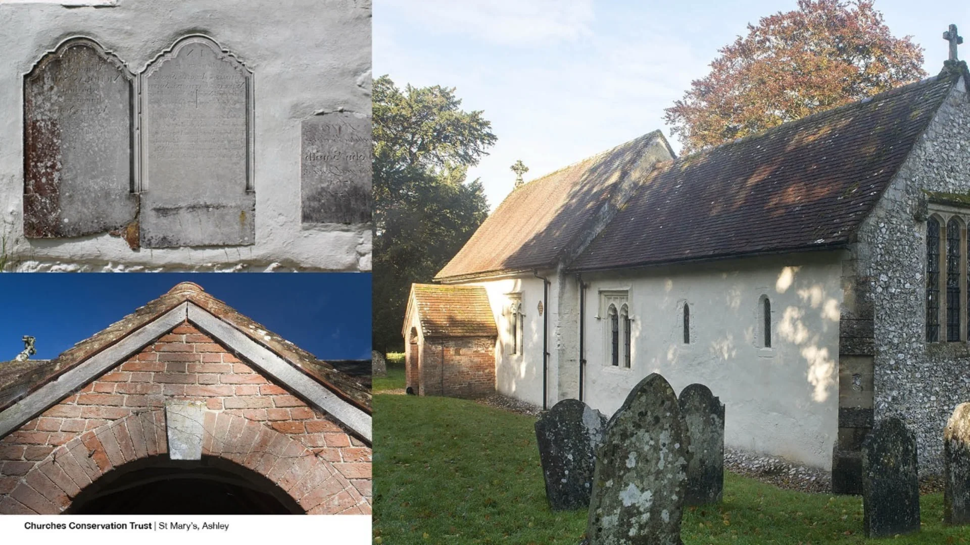 Exterior of St Mary's Church, Ashley with external features.