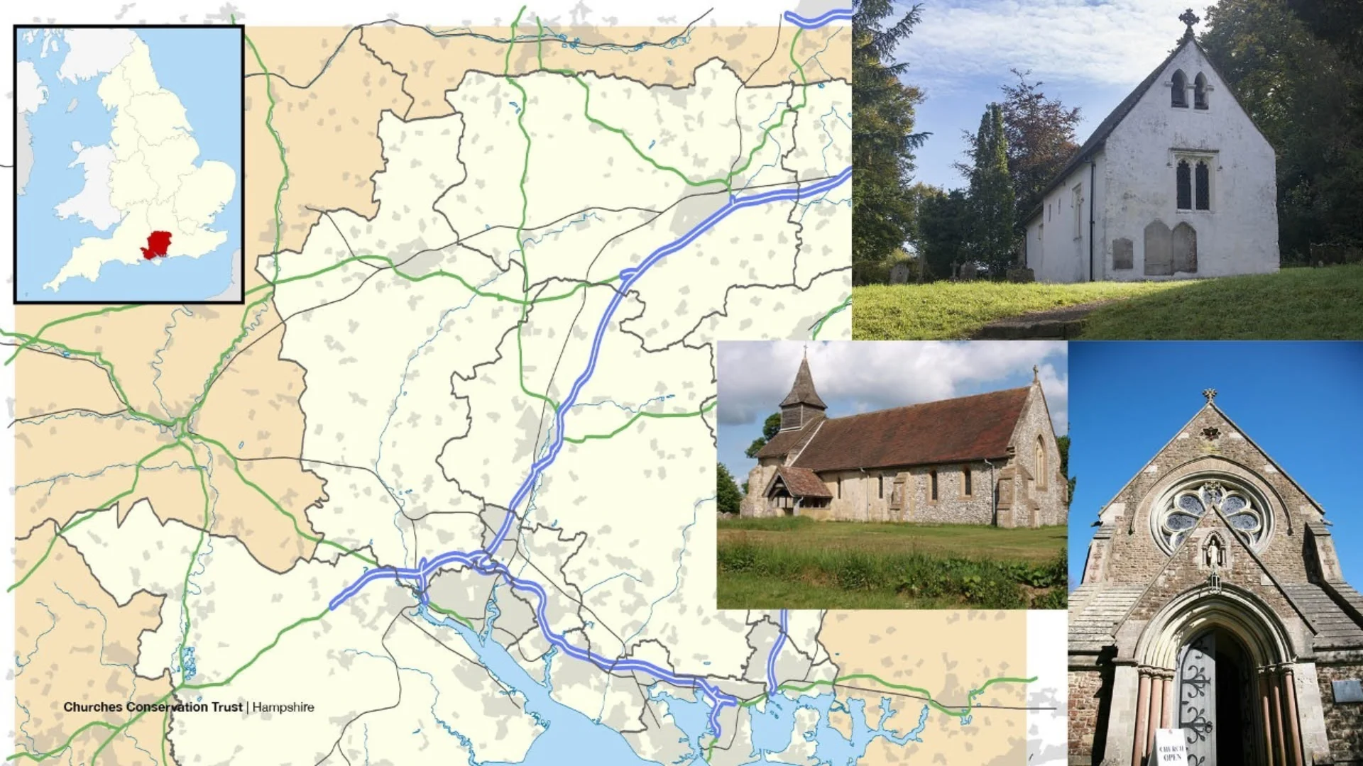 Map showing location of St Mary's in Ashley, St Peter ad Vincula in Colemore and St Mary's in Itchen Stoke.