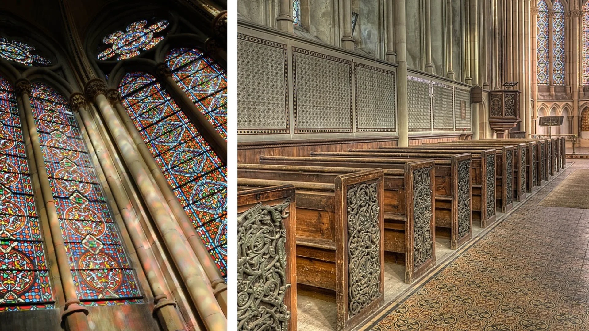 Interior of St Mary's Church in Itchen Stoke showing the stained glass windows and cast iron pew ends.