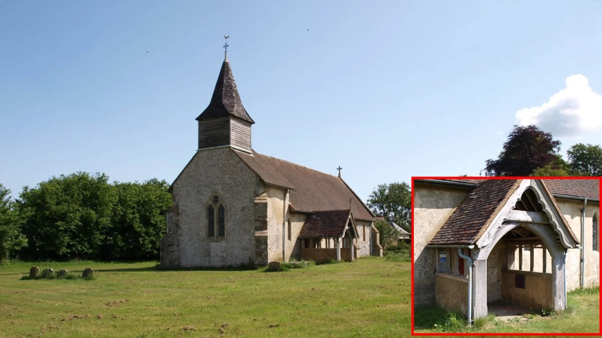 The exterior of the Church of St Peter ad Vincula in Colemore highlighting the porch.