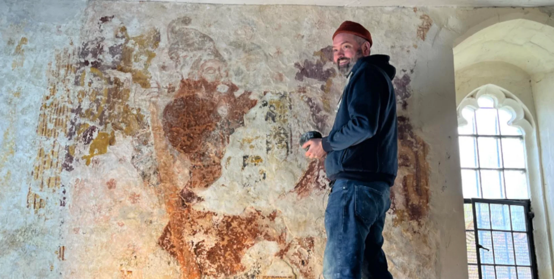 Wall painting conservation work in progress at St Nicholas' Church in Freefolk