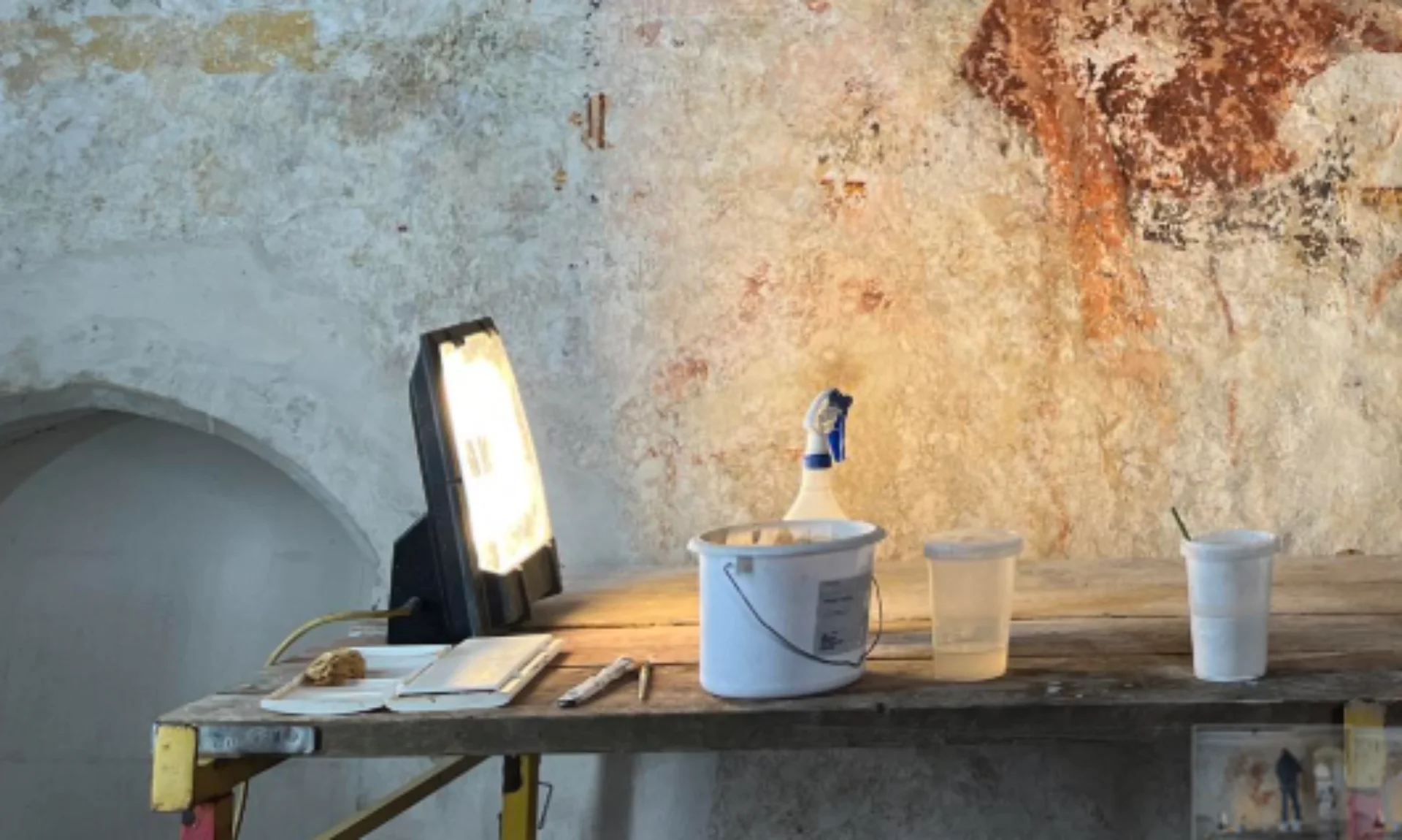 wall painting conservation preparations at St Nicholas, Freefolk