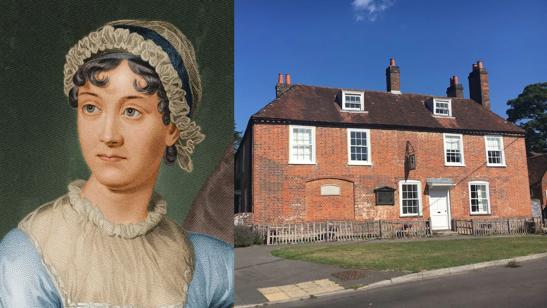 Left: portrait of Jane Austen, dark haired woman wearing bonnet and regency baby blue dress, right: large brick house