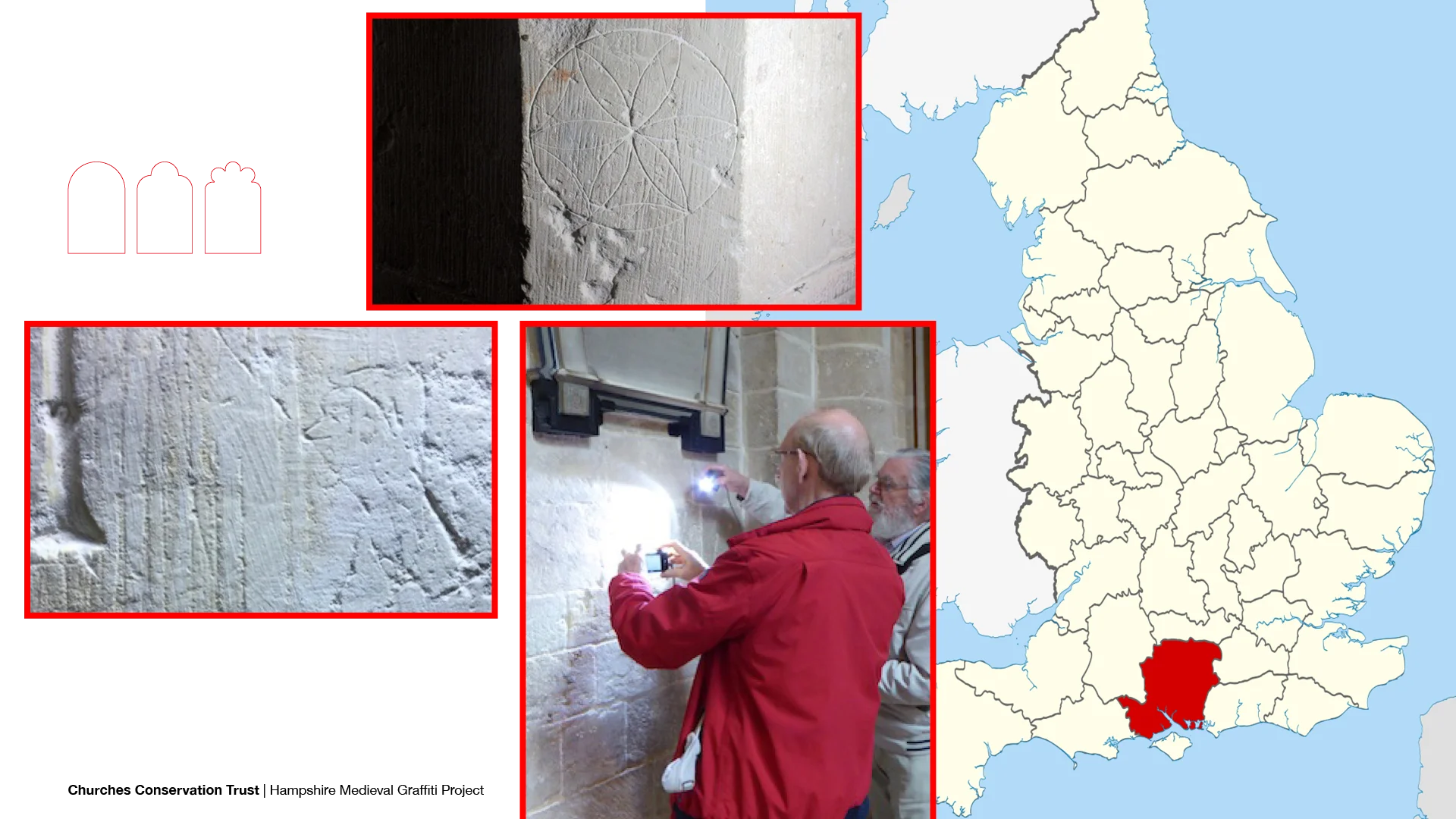 Carvings of compass and hooded man in stone, man photographing carvings, map with Hampshire highlighted in red