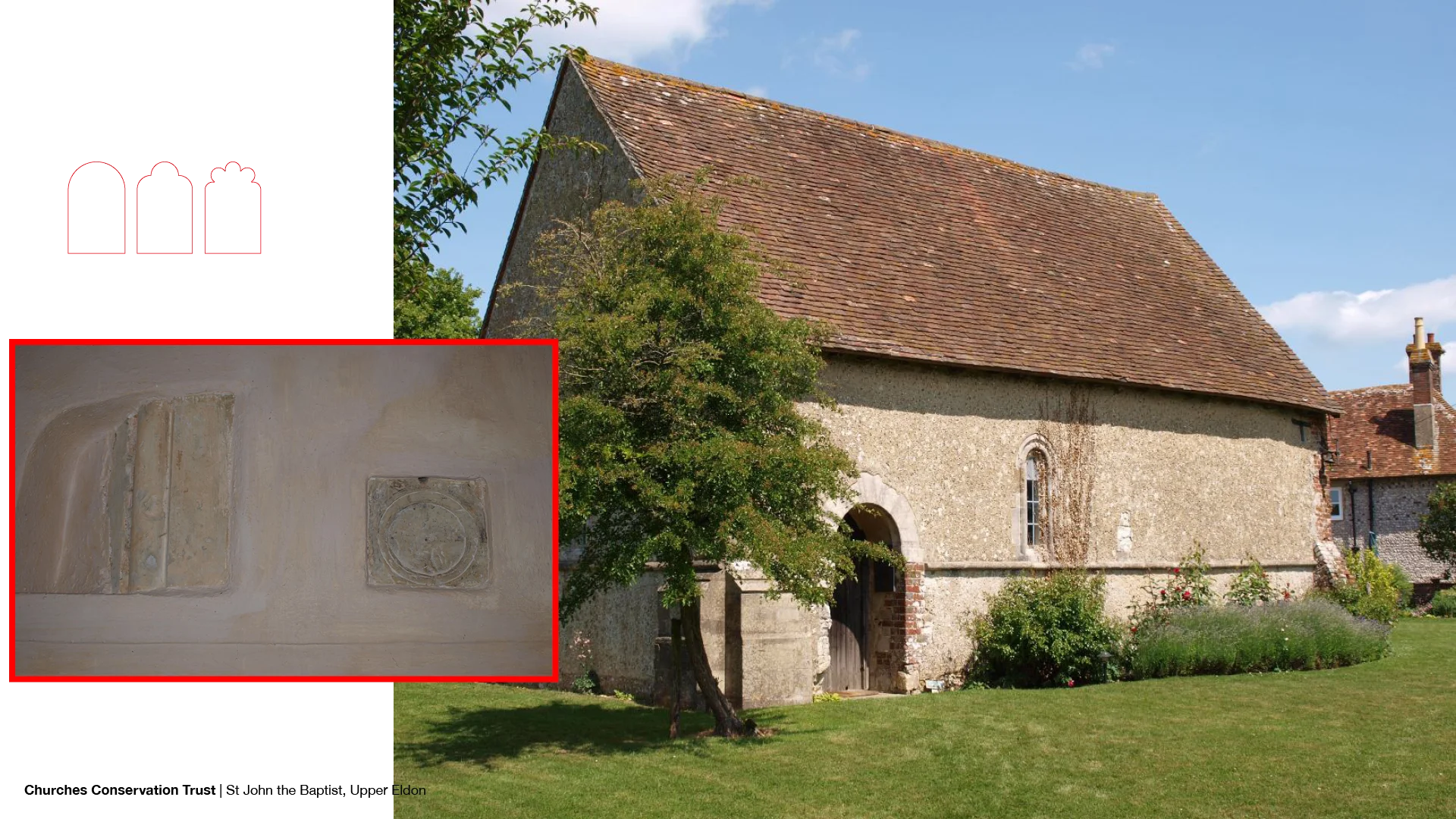 Left: carvings in stone, right: very small simple church without tower