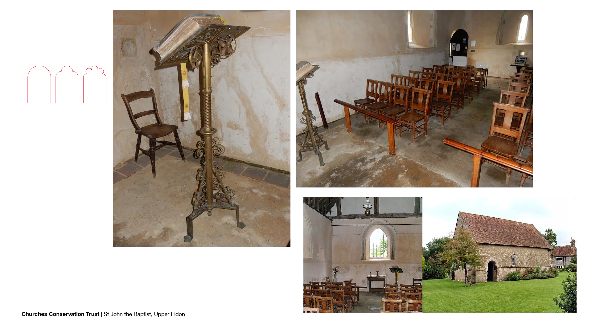 Sparse church interior, with bare plasterwork, a mottled stone/wooden floor and wooden chairs