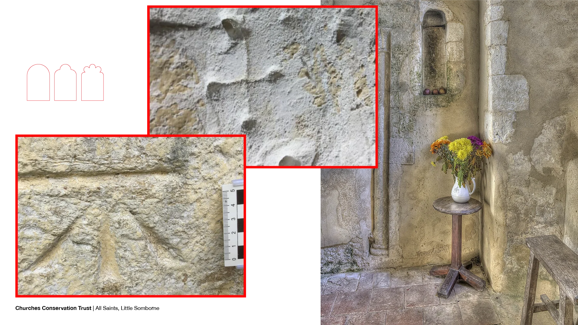 Close ups of simple carvings in stone of cross and ordinance survey benchmark