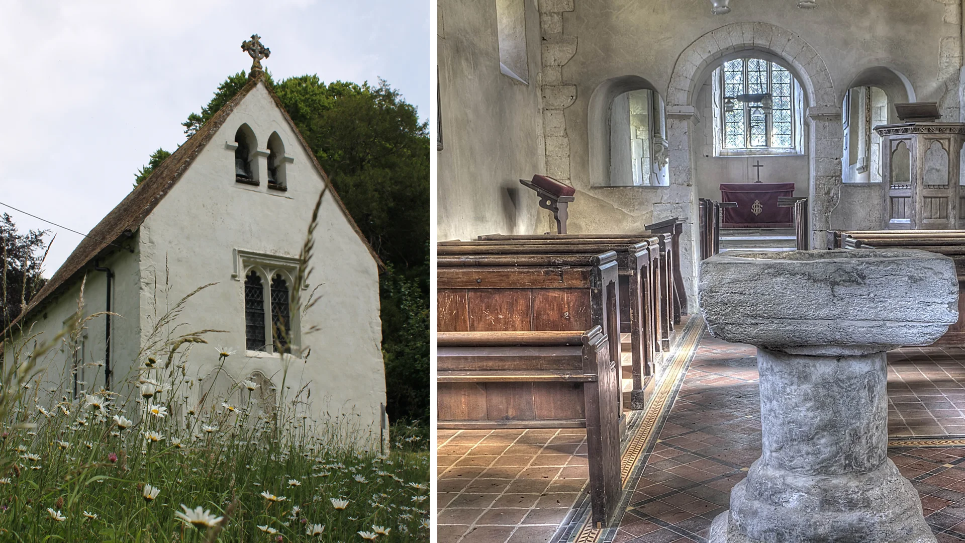 Left: whitewashed church with arch windows and wildflowers. Right: grey stone church interior