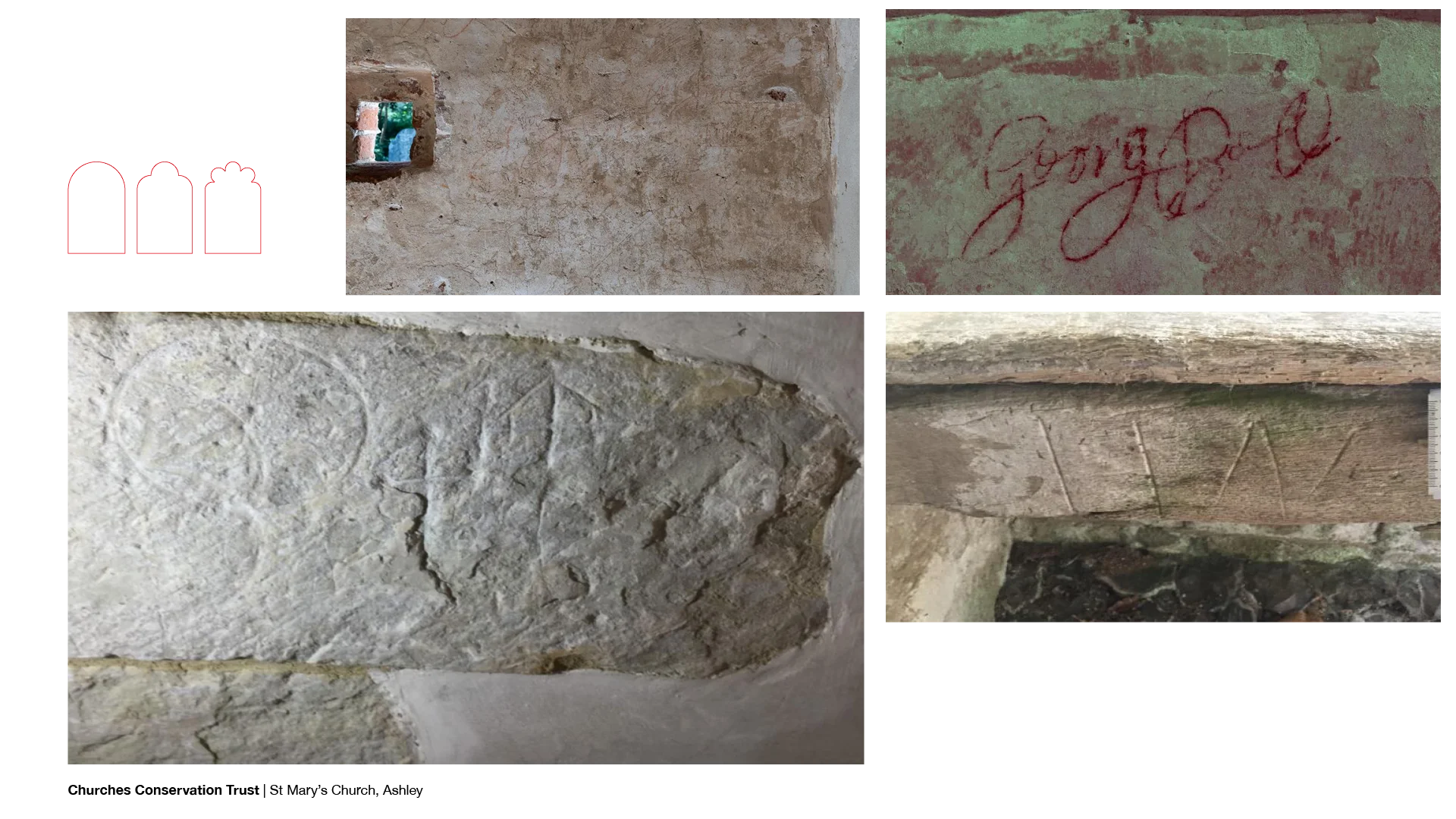 Close ups of graffiti in stone including signature in red of "George"