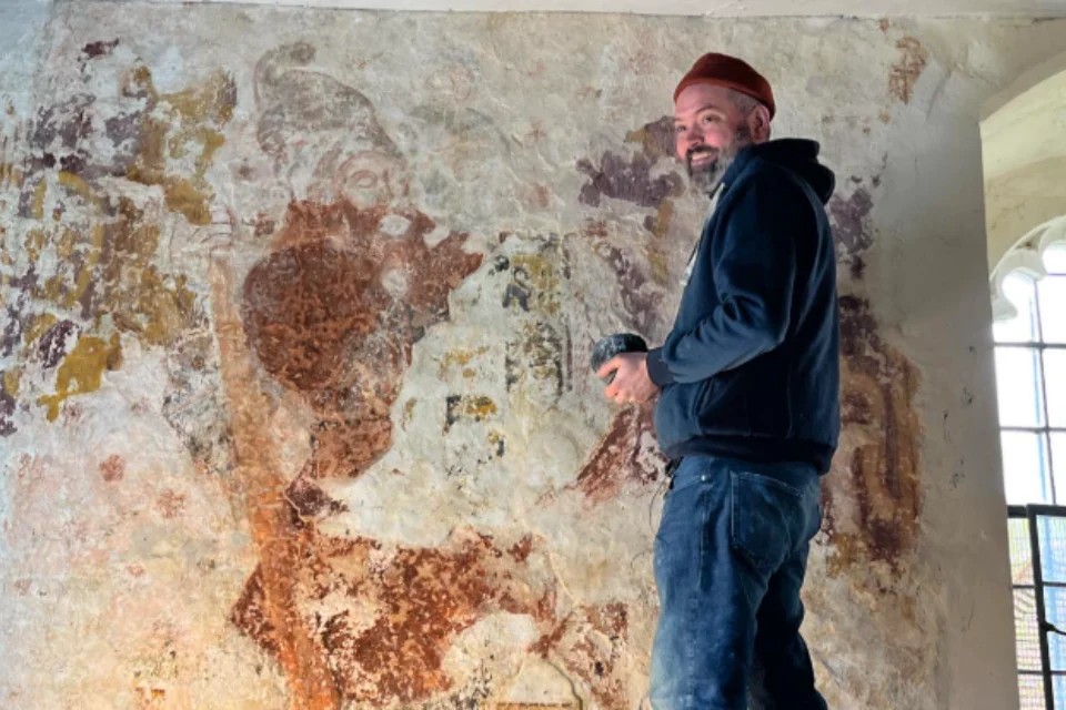 Wall painting conservation work in progress at St Nicholas' Church in Freefolk
