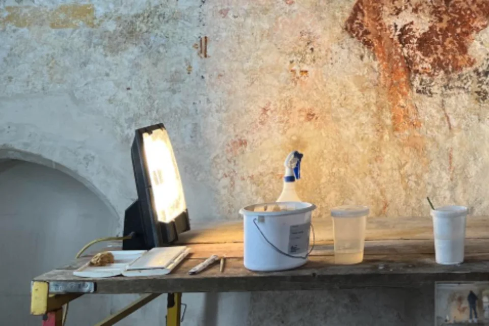 wall painting conservation preparations at St Nicholas, Freefolk
