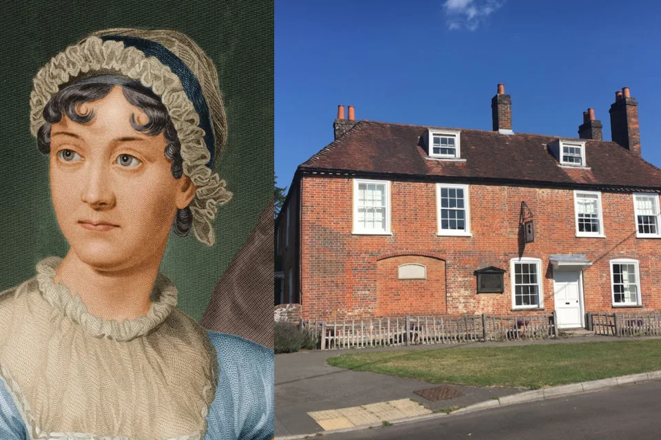 Left: portrait of Jane Austen, dark haired woman wearing bonnet and regency baby blue dress, right: large brick house
